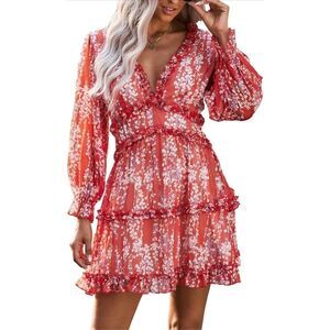 NEW Deep V Neck Long Sleeve Ruffle Layer A-Line Swing Mini Dress L